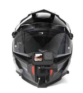 Black GoPro motorcycle helmet chin strap mount with adjustable nylon and silicone band and stainless steel buckle.