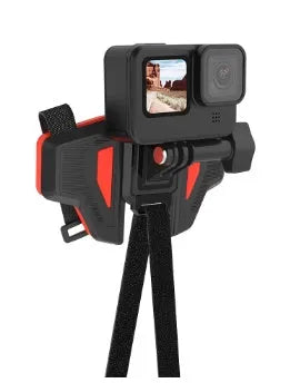 Black GoPro motorcycle helmet chin strap mount with adjustable nylon and silicone band and stainless steel buckle.