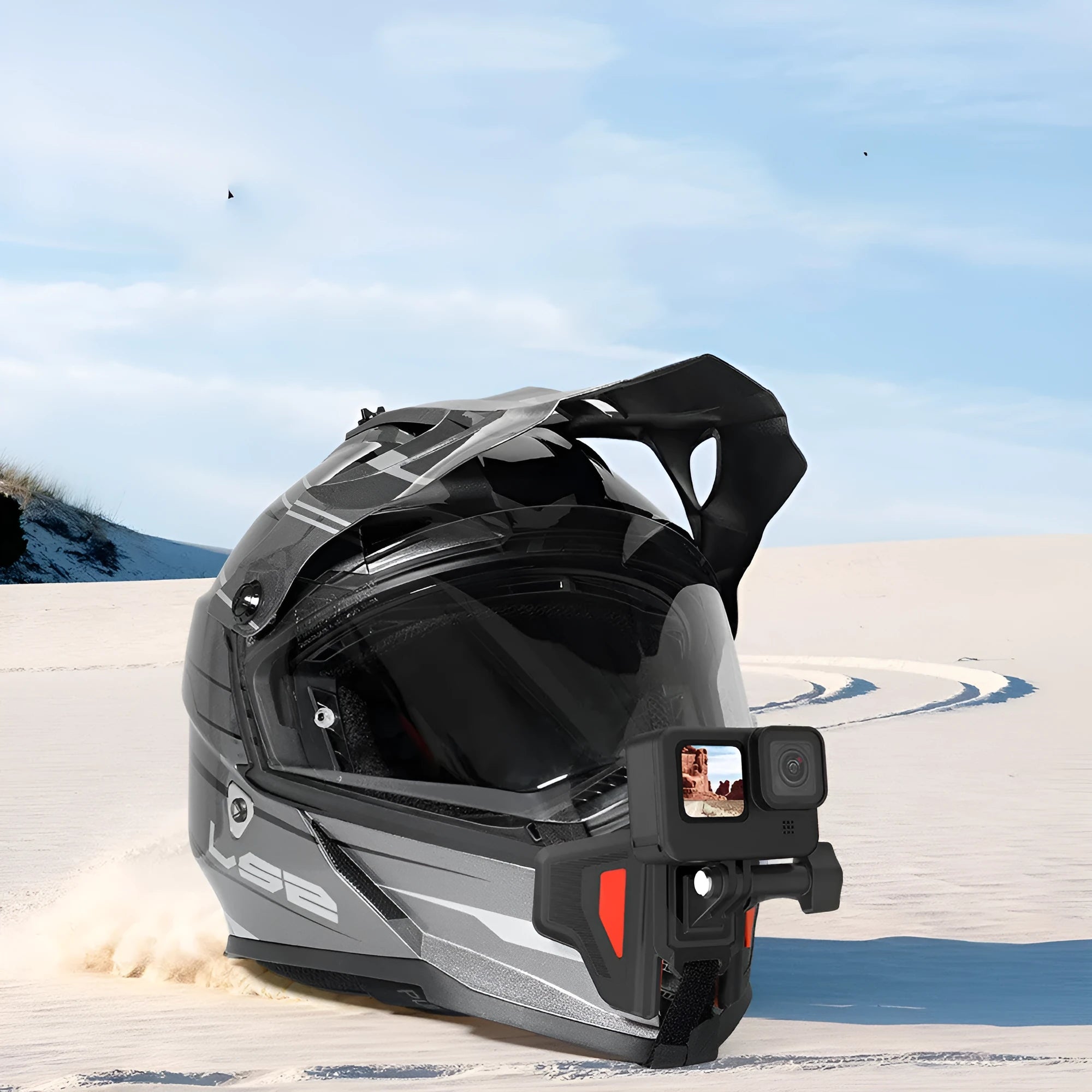 Black GoPro motorcycle helmet chin strap mount with adjustable nylon and silicone band and stainless steel buckle.