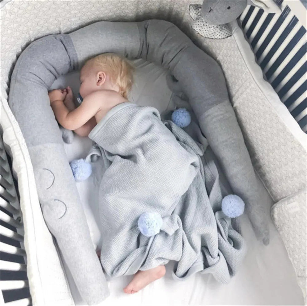 Cartoon baby crib bumper made of cotton fabric, 185cm length, available in grey or colourful for infant cot safety and nursery decoration