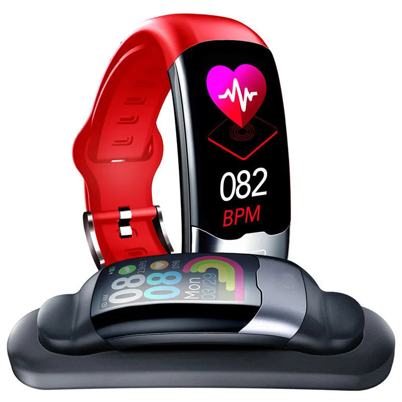 Smart fitness bracelet showing numerical display for heart rate and blood pressure monitoring