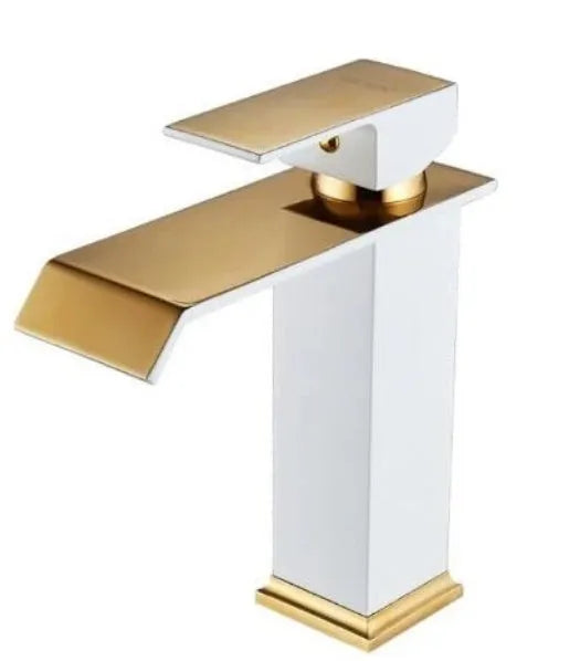 Black and white brass basin faucet with gold accents and waterfall water flow design