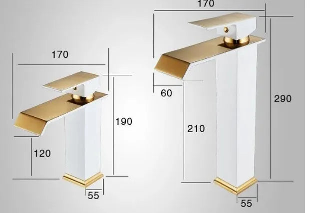 Black and white brass basin faucet with gold accents and waterfall water flow design