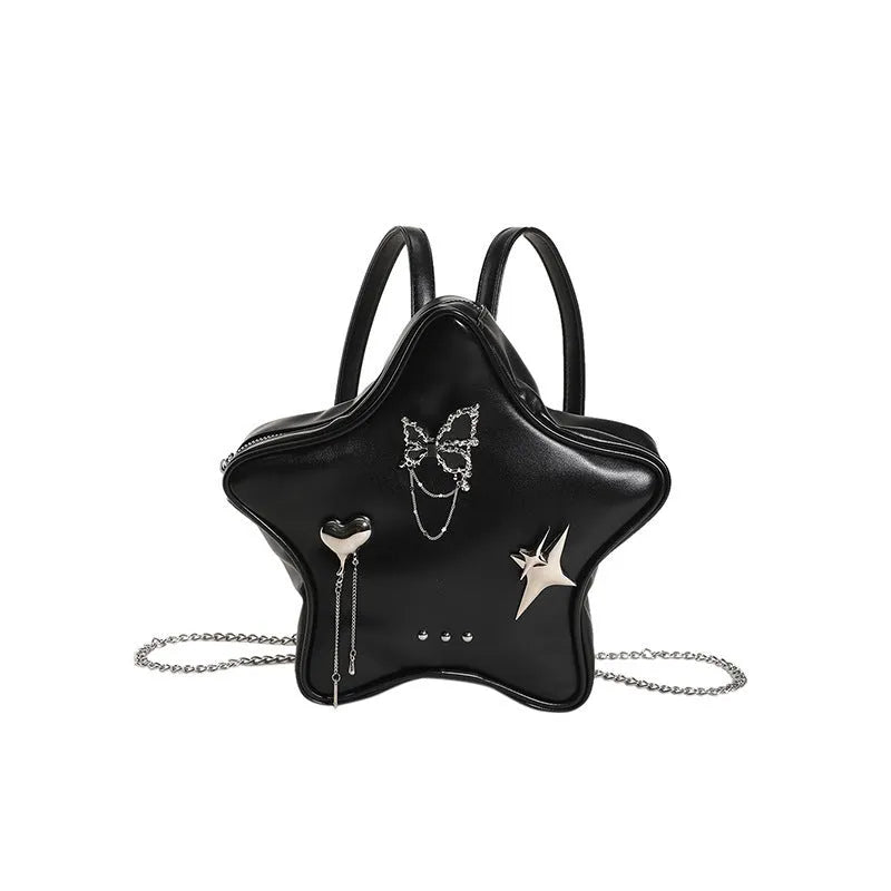 Black PU leather street style backpack with a detachable star-shaped butterfly pendant and chain strap.