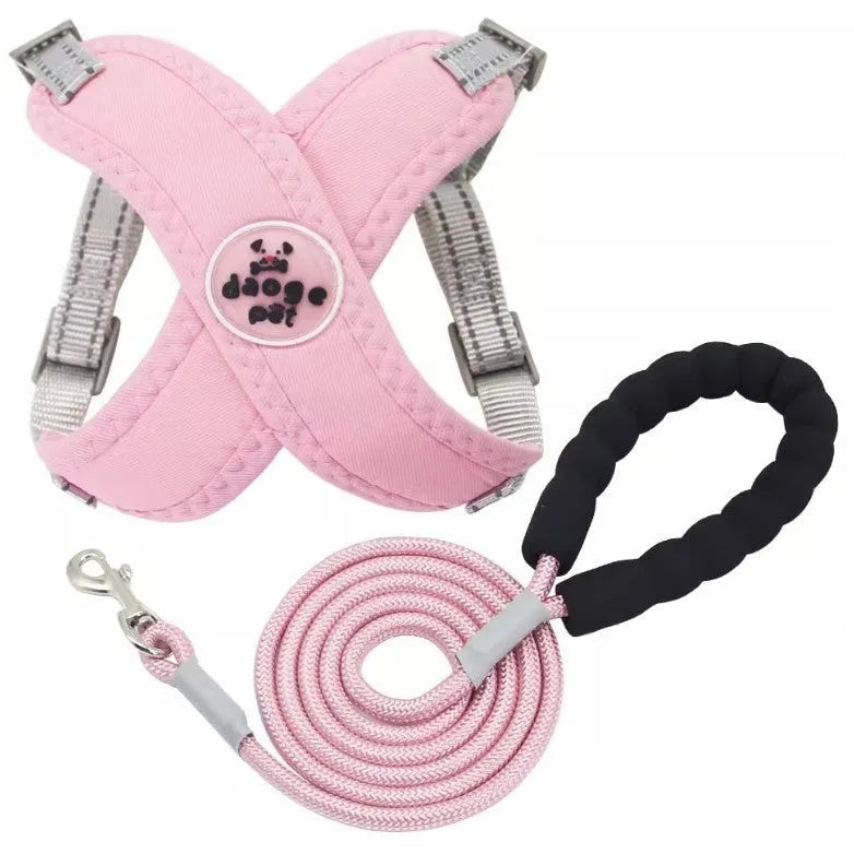A blue polyester dog vest with an attached hand-holding rope for walking control.