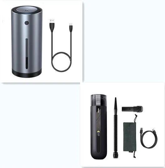 Baseus handheld cordless car vacuum cleaner in black, white, or green with blowing hose accessory.