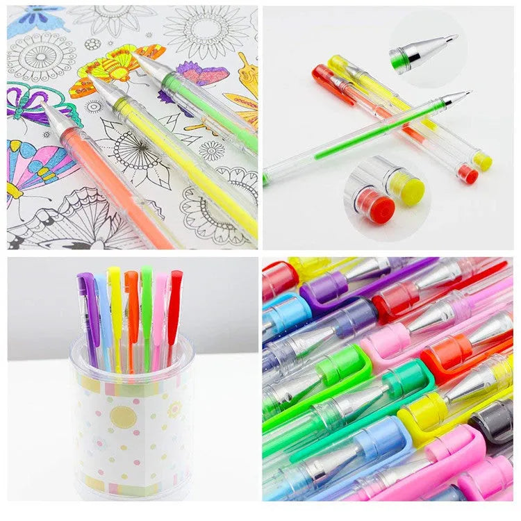 100 colour gel pen set with plastic bodies showing assorted colours and dual tip sizes