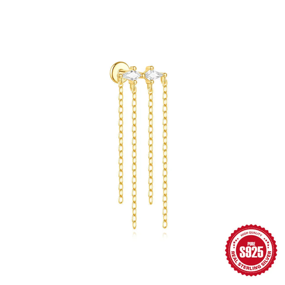S925 sterling silver geometric kite earrings with rhinestone chain tassel in gold colour.