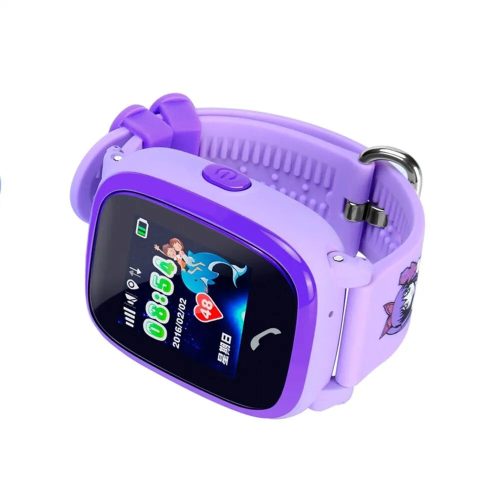 Blue and purple children's waterproof smart watch with touch screen on a silicone wristband.