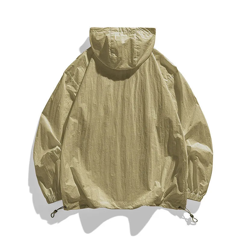 Lightweight Lycra sun protection hooded jacket in caramel colour showing front view