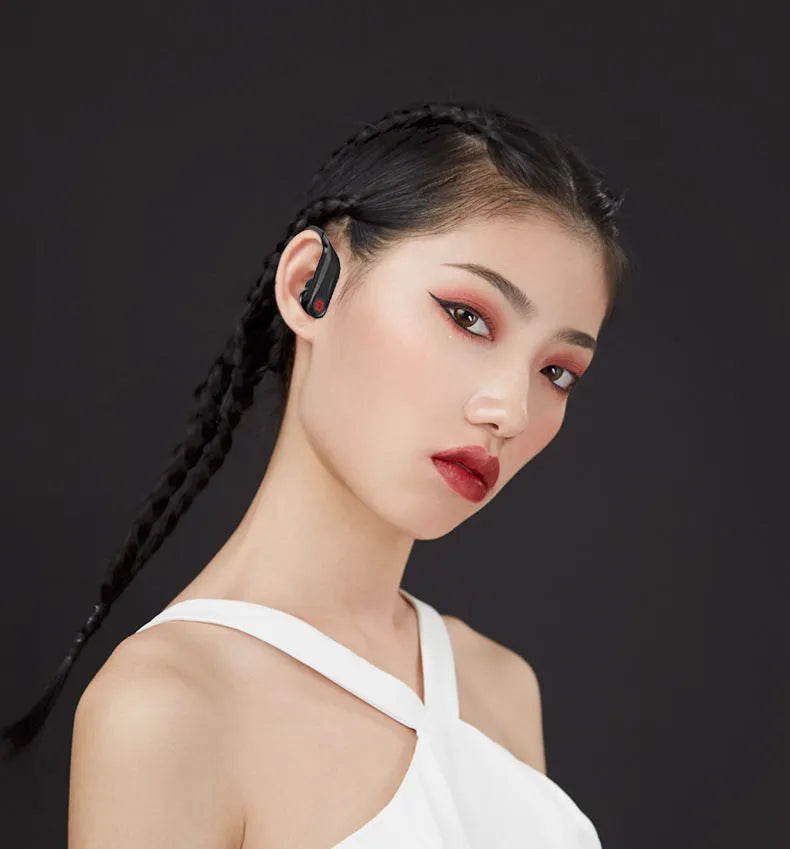 Black wireless Bluetooth earbuds headset with a 10-metre range and voice control functions.
