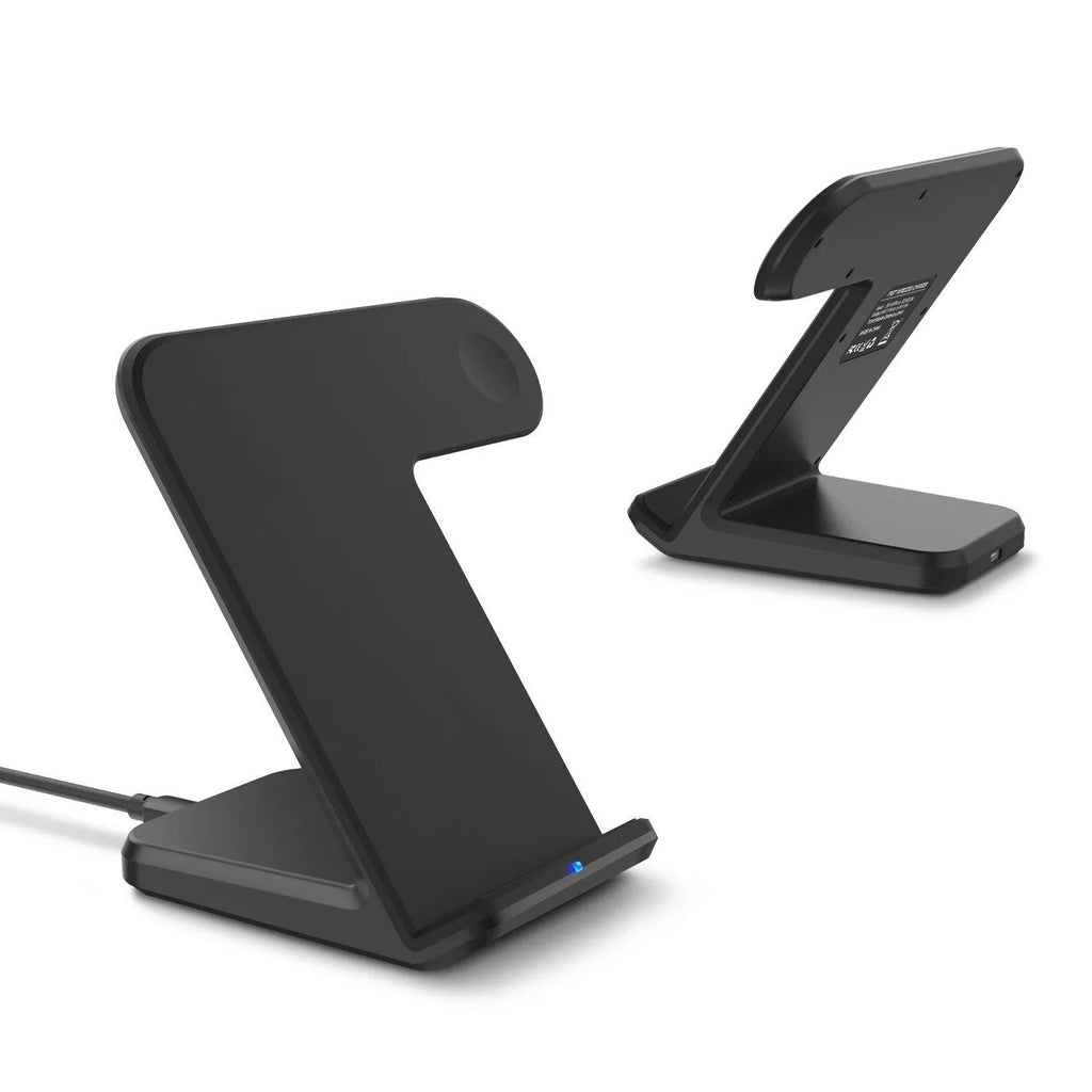 Black wireless phone charger stand with cooling fan showing phone charging upright