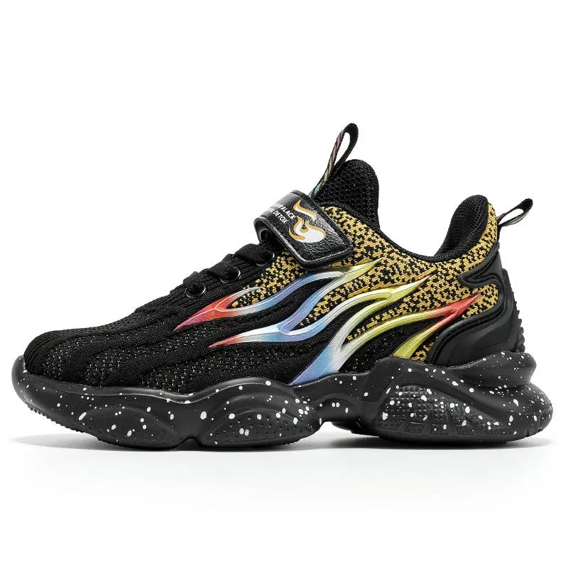 Boys sneakers with mesh textile and TPU upper in beige, black gold, or black red with rubber anti-slip soles