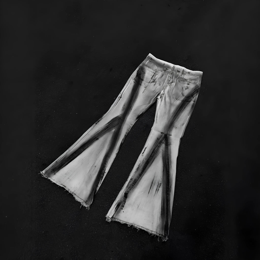 White jeans with black ribbon gradient detailing and heavy selvedge denim construction