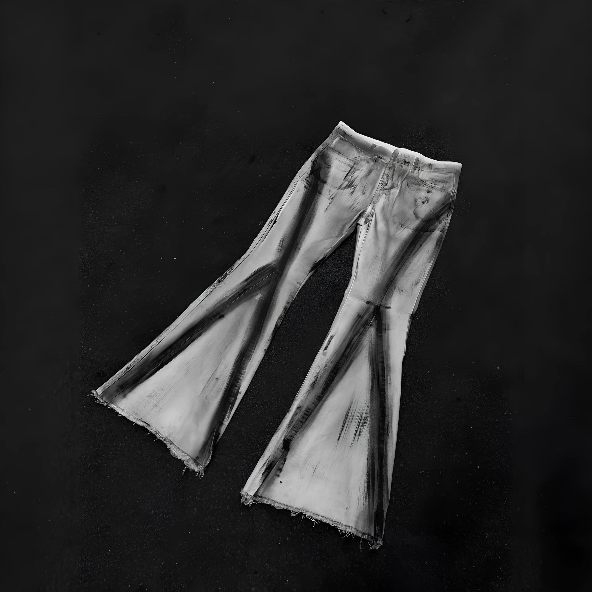 White jeans with black ribbon gradient detailing and heavy selvedge denim construction