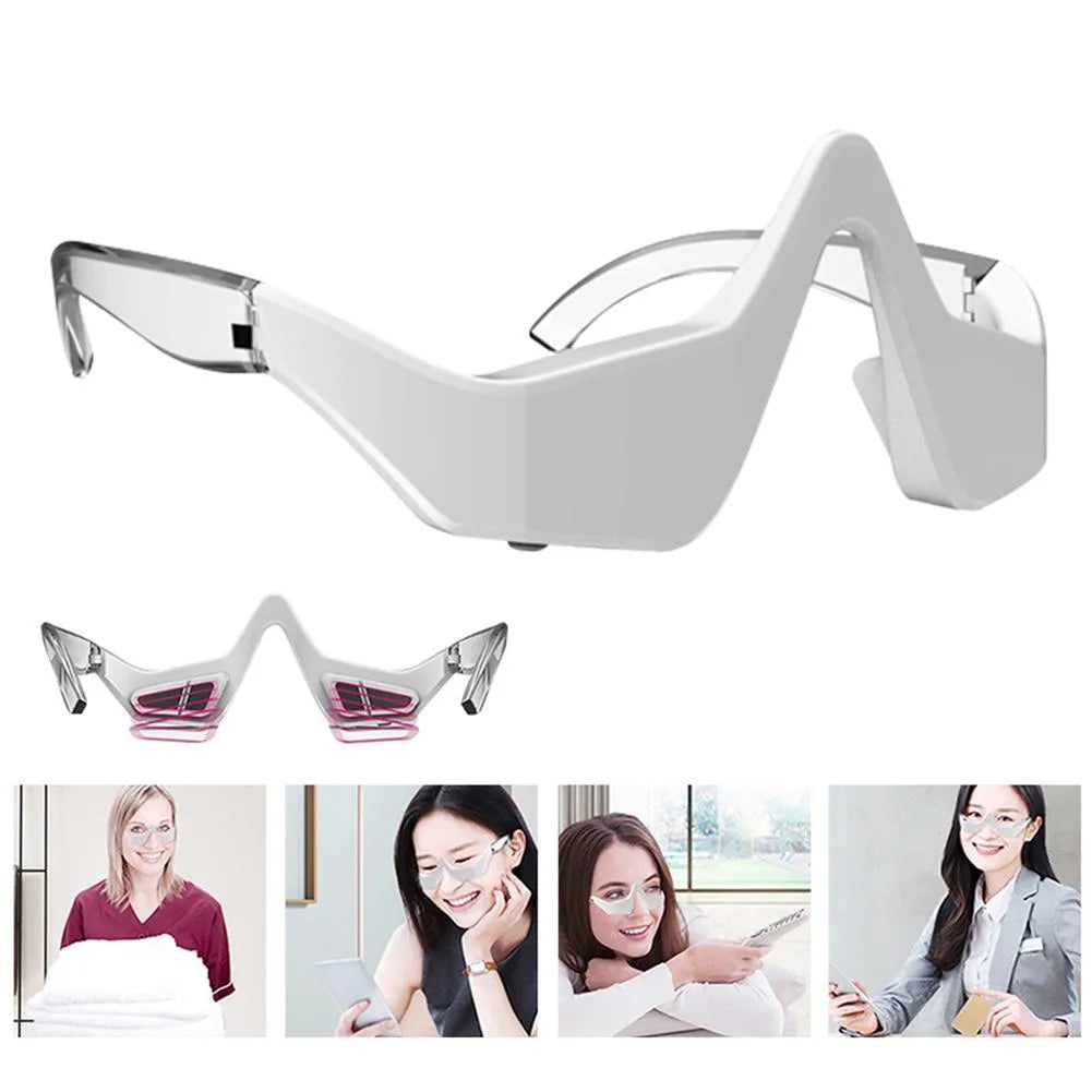 3D micro-current eye massager with glasses-like design showing pink and white colour options