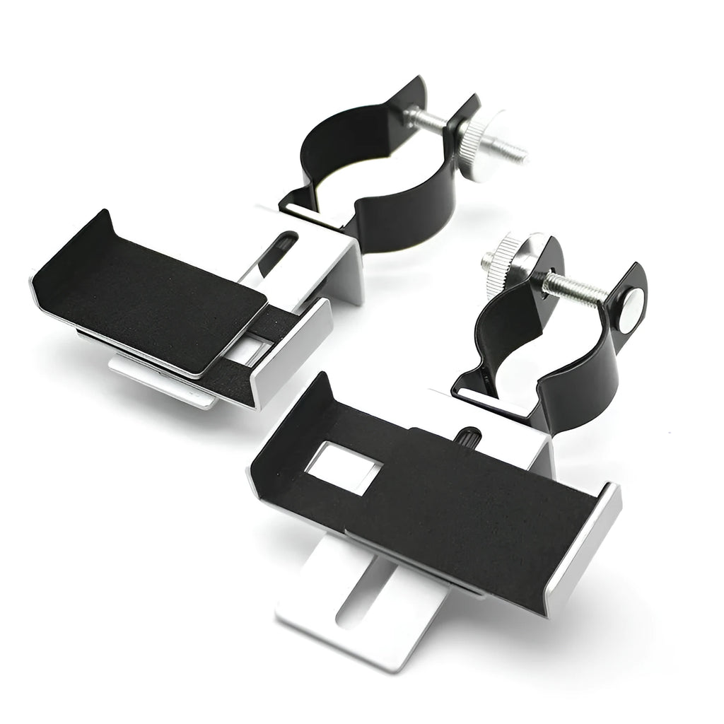 Adjustable metal smart phone adapter with rubber clip in black and silver on a tripod