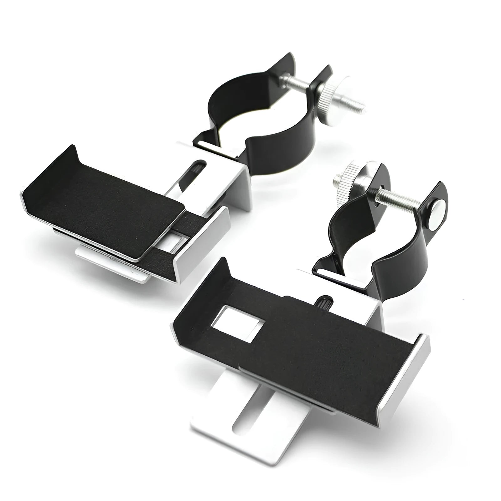 Adjustable metal smart phone adapter with rubber clip in black and silver on a tripod