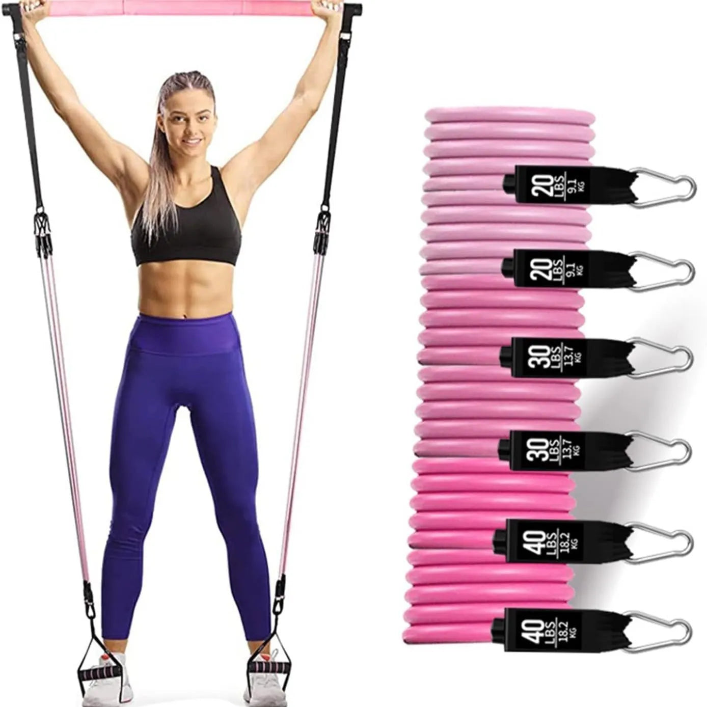 Yoga gymnastic bar 180 pounds reinforced resistance band pull rope set in black and pink TPE material
