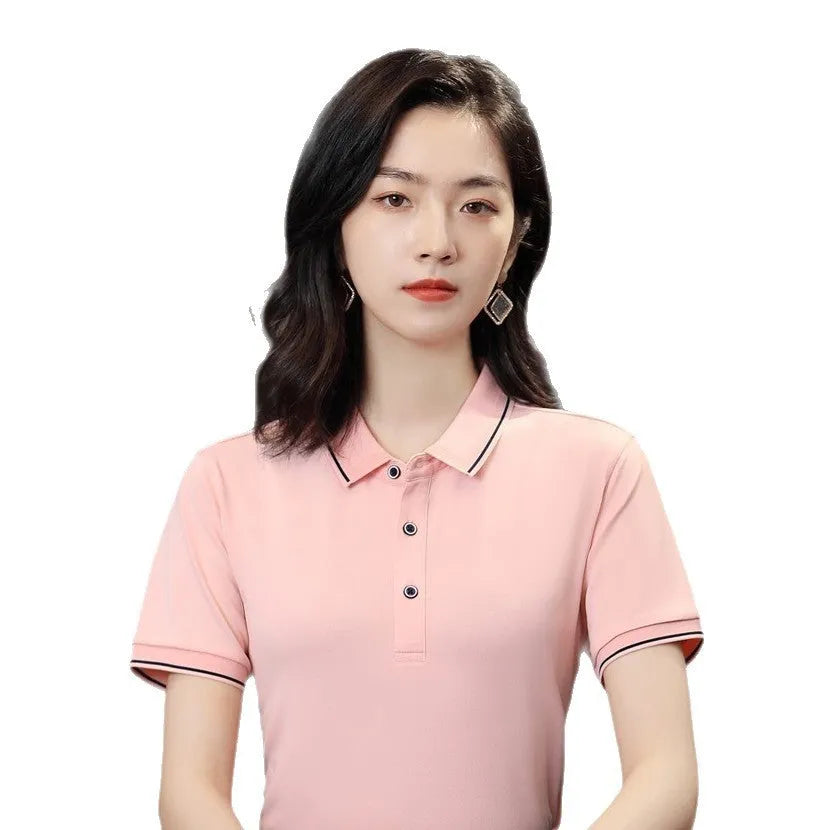 Beautician short-sleeved polo shirt in cool silk cotton with asymmetric colour detail