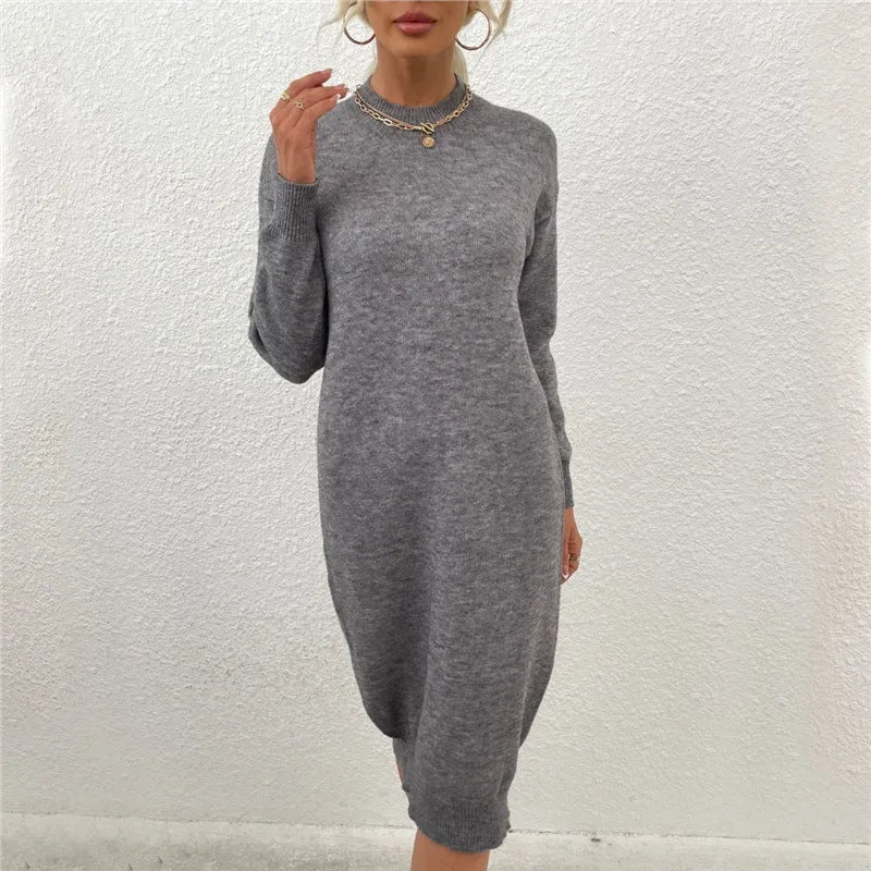 Grey crew neck knit sweater dress for women with long sleeves.