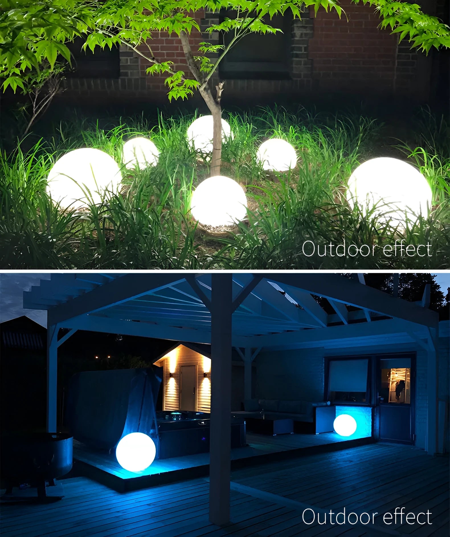 Remote control LED ball-shaped lawn lamp lit up with multi-colours on a garden patio.