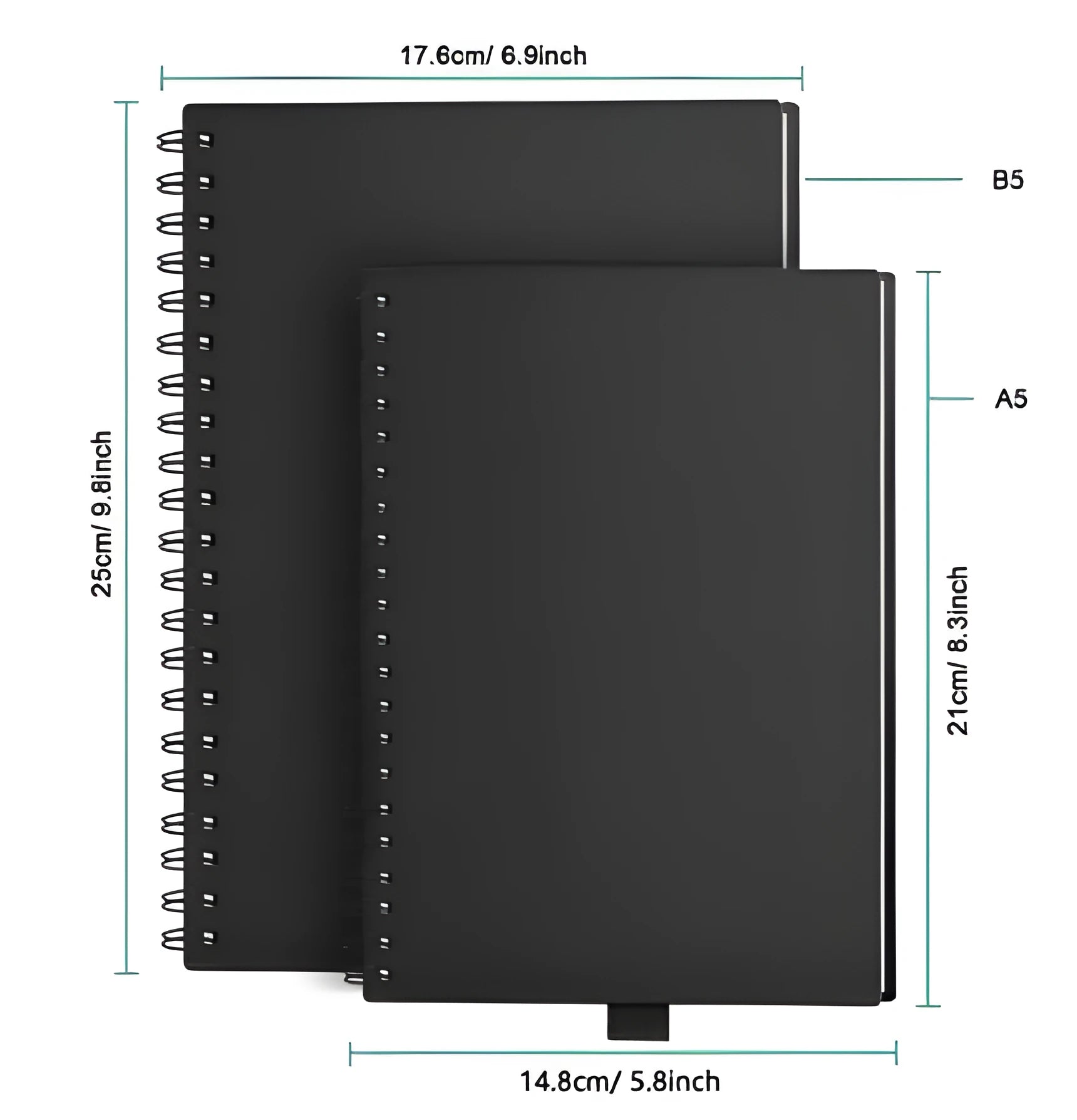Rewritable paper notebook with black PP cover, spiral binding, and erasable pen on a desk