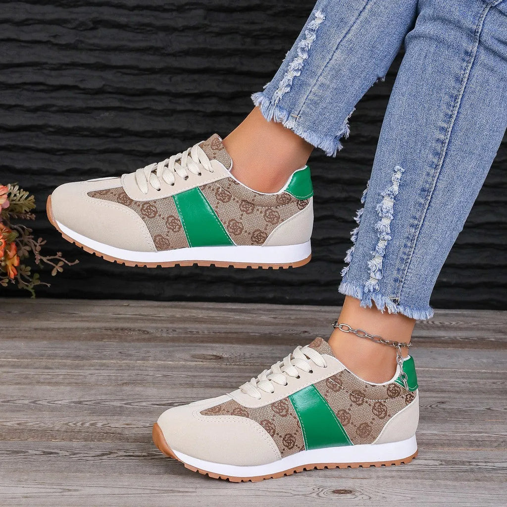 Women's oversized casual lace-up shoes with floral design in khaki colour showing round toe and cross-strap detailing