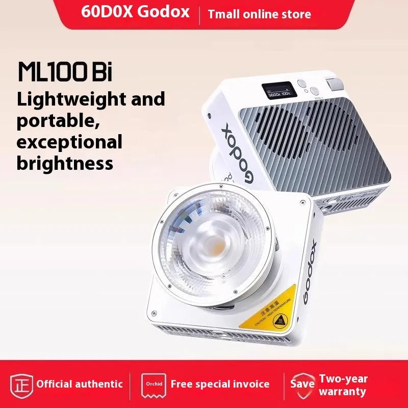 Shenniu ML100Bi photography fill light with aluminium body, two lenses, battery handle, and storage bag.