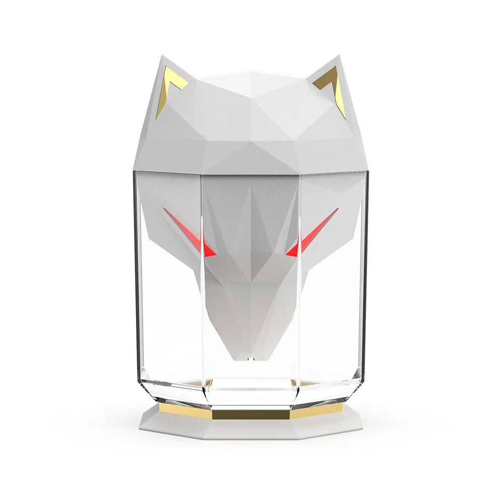 War Wolf desktop humidifier with LED lights showing mist output from 650ml tank