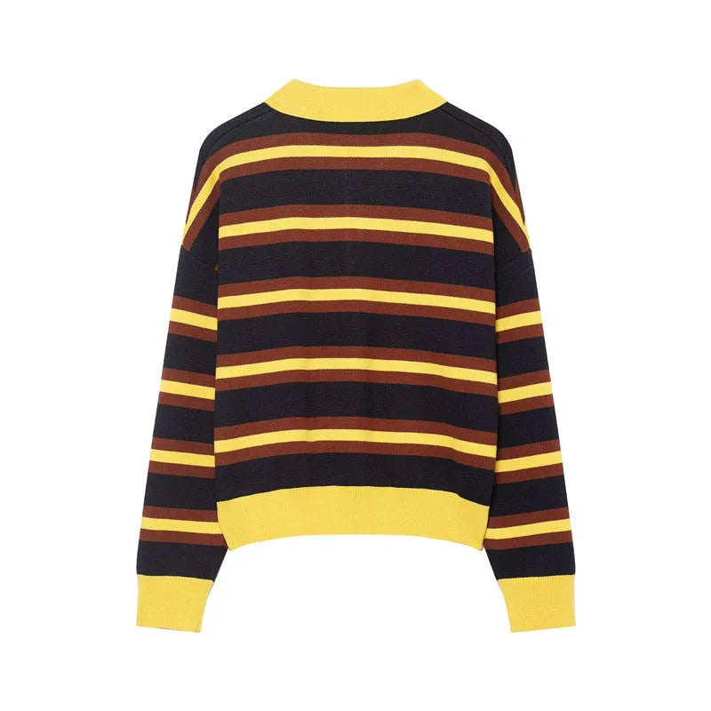 Women's striped polo collar knitted sweater with contrast stitching, long sleeves, regular fit in picture colour