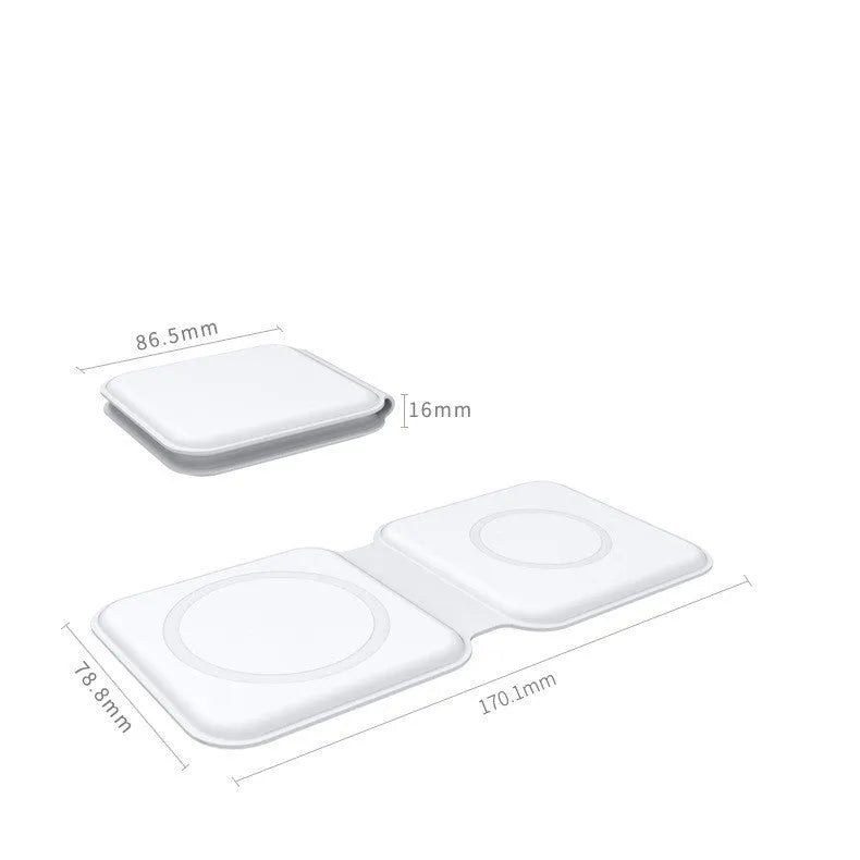 White folding dual magnetic wireless charging dock showing 180-degree angle adjustment