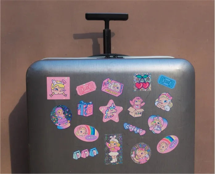 Korean-style cartoon PVC sticker set with 16 square designs and storage box for DIY decoration