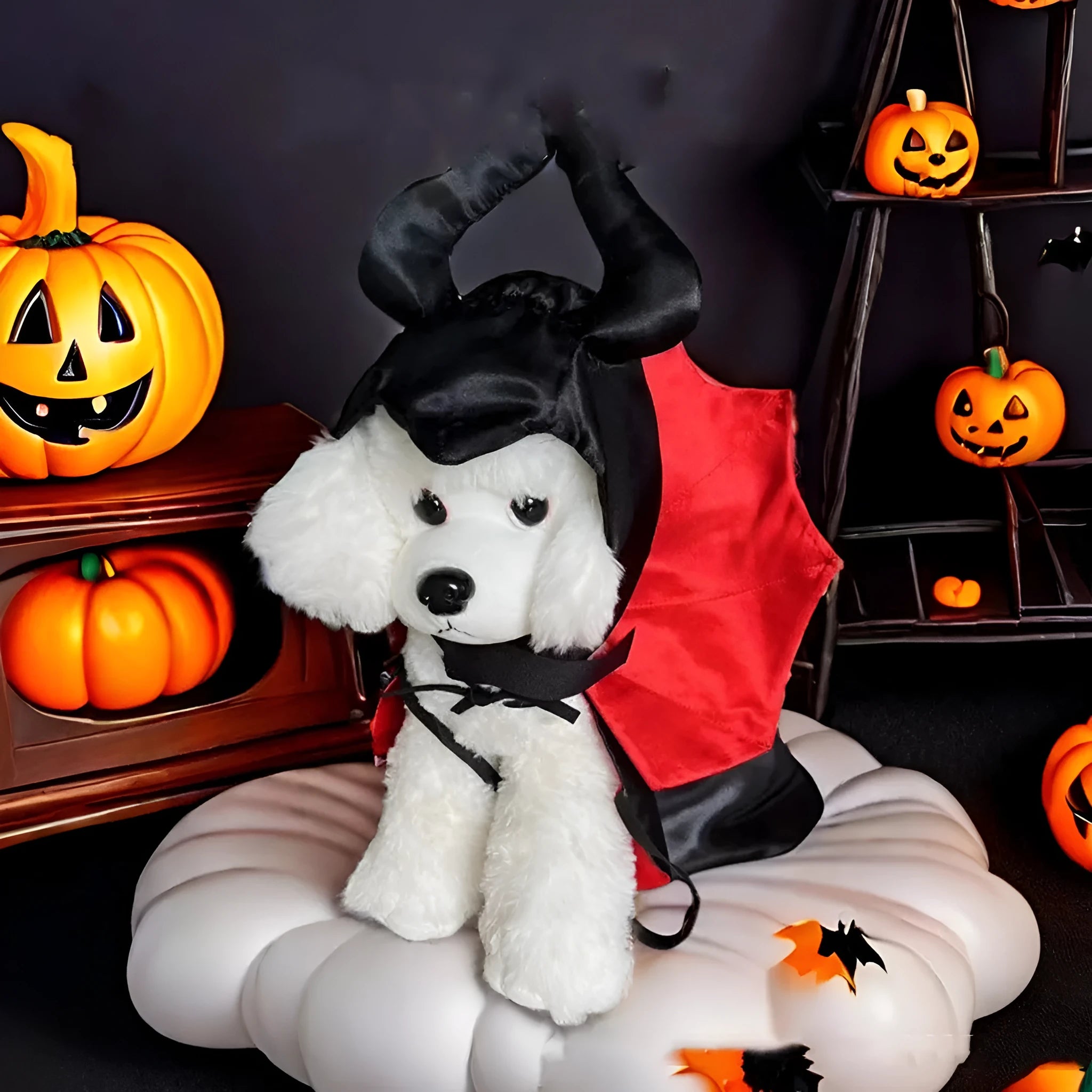 Halloween pet costume with bat cloak and devil horn hat in purple or red