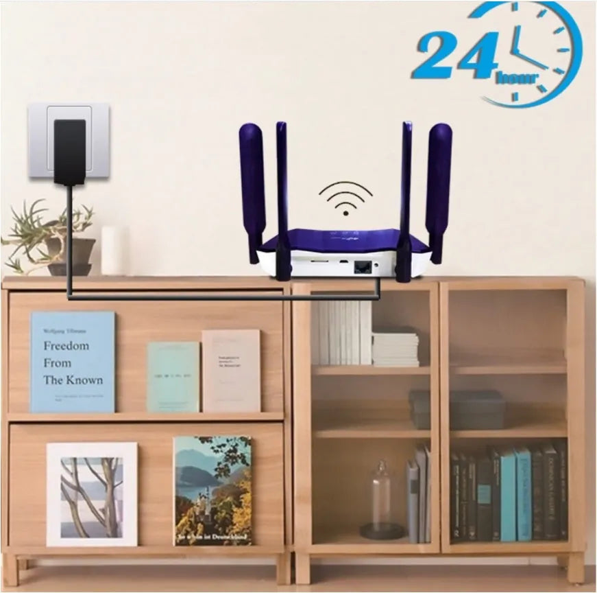 Blue dual-mode 4G router with four external antennas, showing front panel and ports.