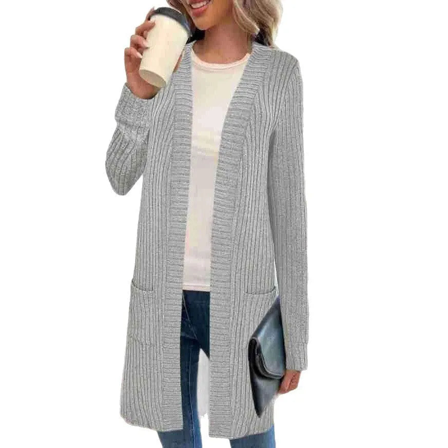 Long sleeve loose fit knitted cardigan jacket with pockets in black, plus sizes 1XL to 5XL.