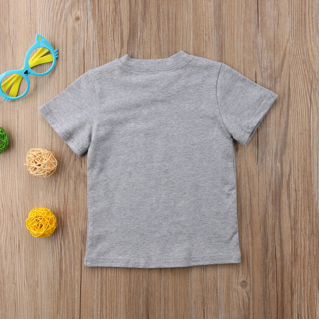 Grey cotton children's t-shirt with printed sibling graphic, showing size range from 60cm to 140cm.