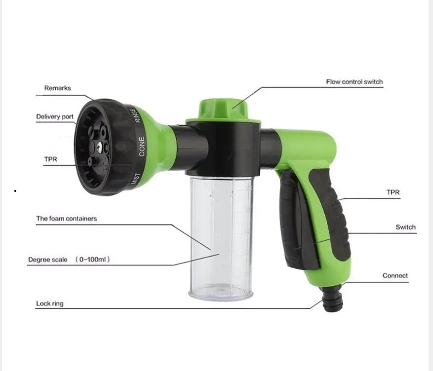 Green high-pressure foam spray gun with adjustable nozzle and connected water hose for car and garden cleaning.