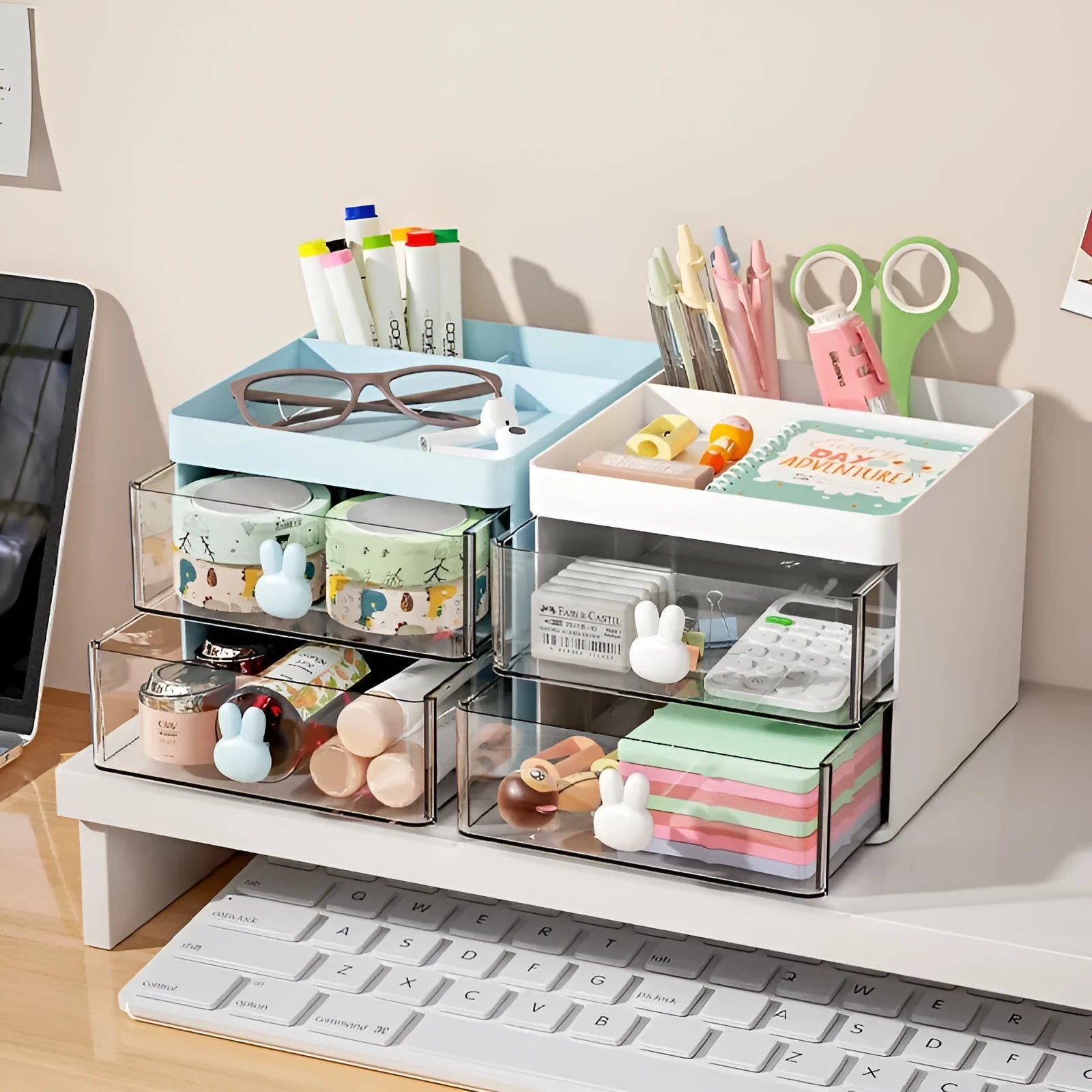 Transparent partitioned desktop storage box in cherry blossom pink with grid compartments and dustproof lid