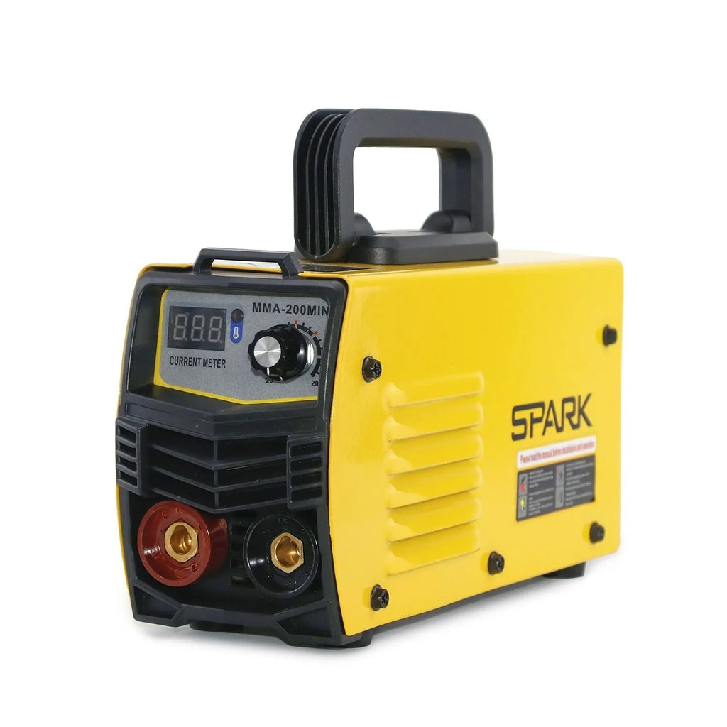 MMA-200MIN 220V DC inverter welding machine with welding tongs, clamp, face shield, and brush hanger.
