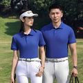 White short sleeve cotton polo shirt for staff uniforms on a hanger, showing slit style and button placket.