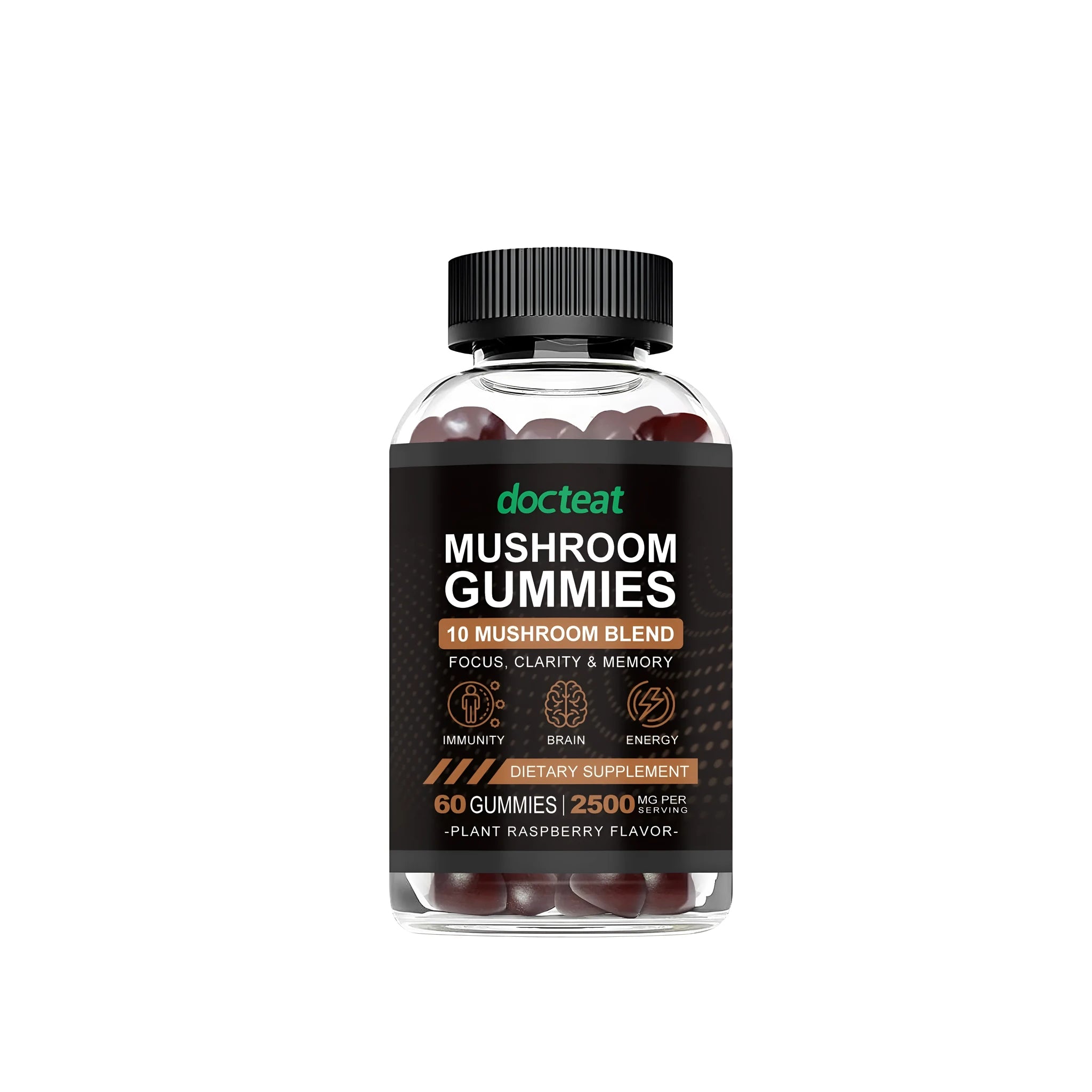 Jar of 60 mushroom extract gummy supplements with PET plastic packaging
