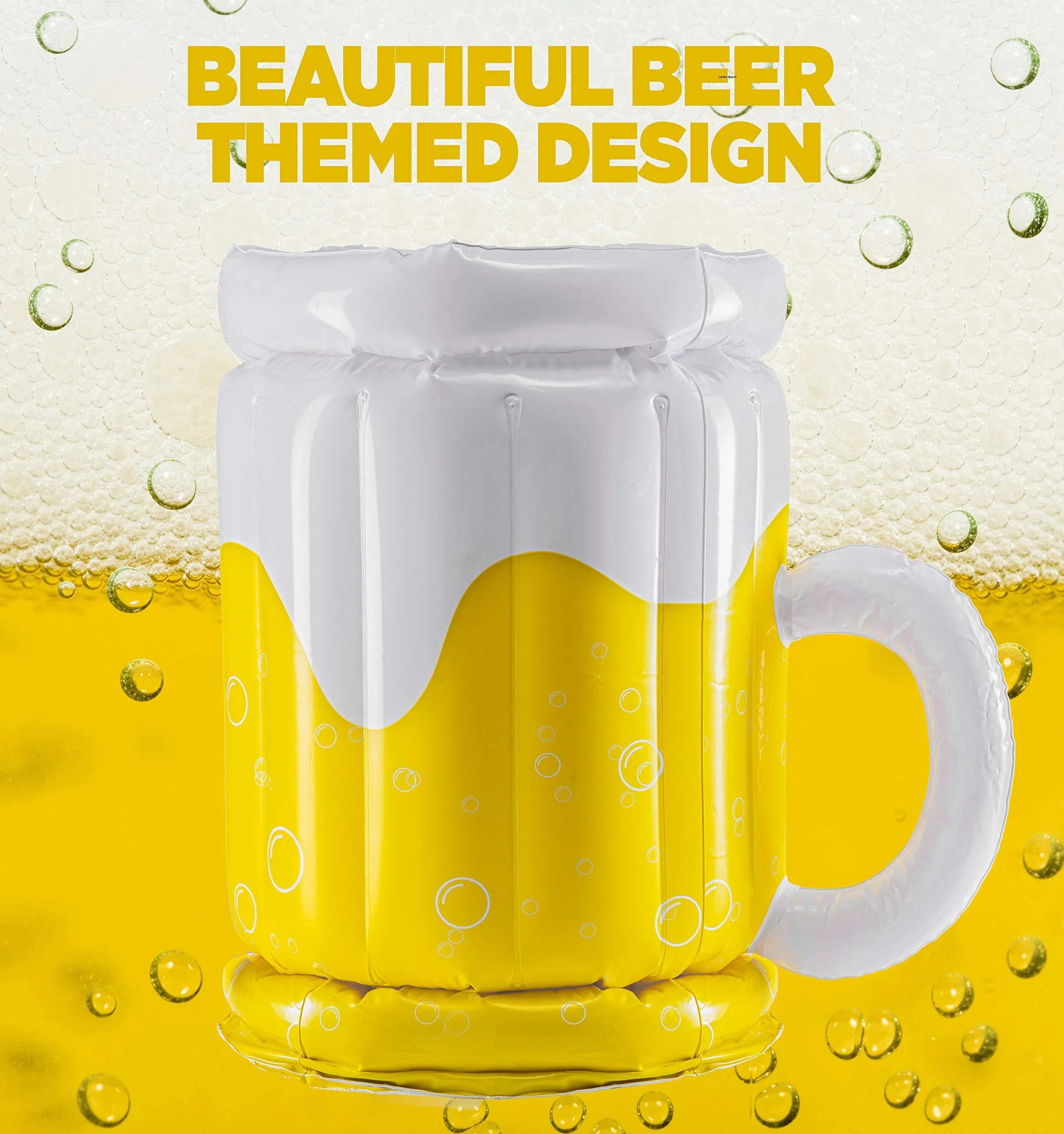 Large yellow inflatable beer mug cooler pool float with 44cm height and 32cm diameter dimensions