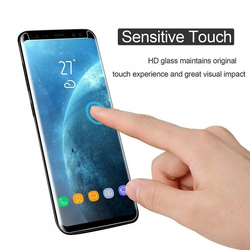 Tempered glass screen protector for Samsung Galaxy phone with black border and anti-fingerprint coating.