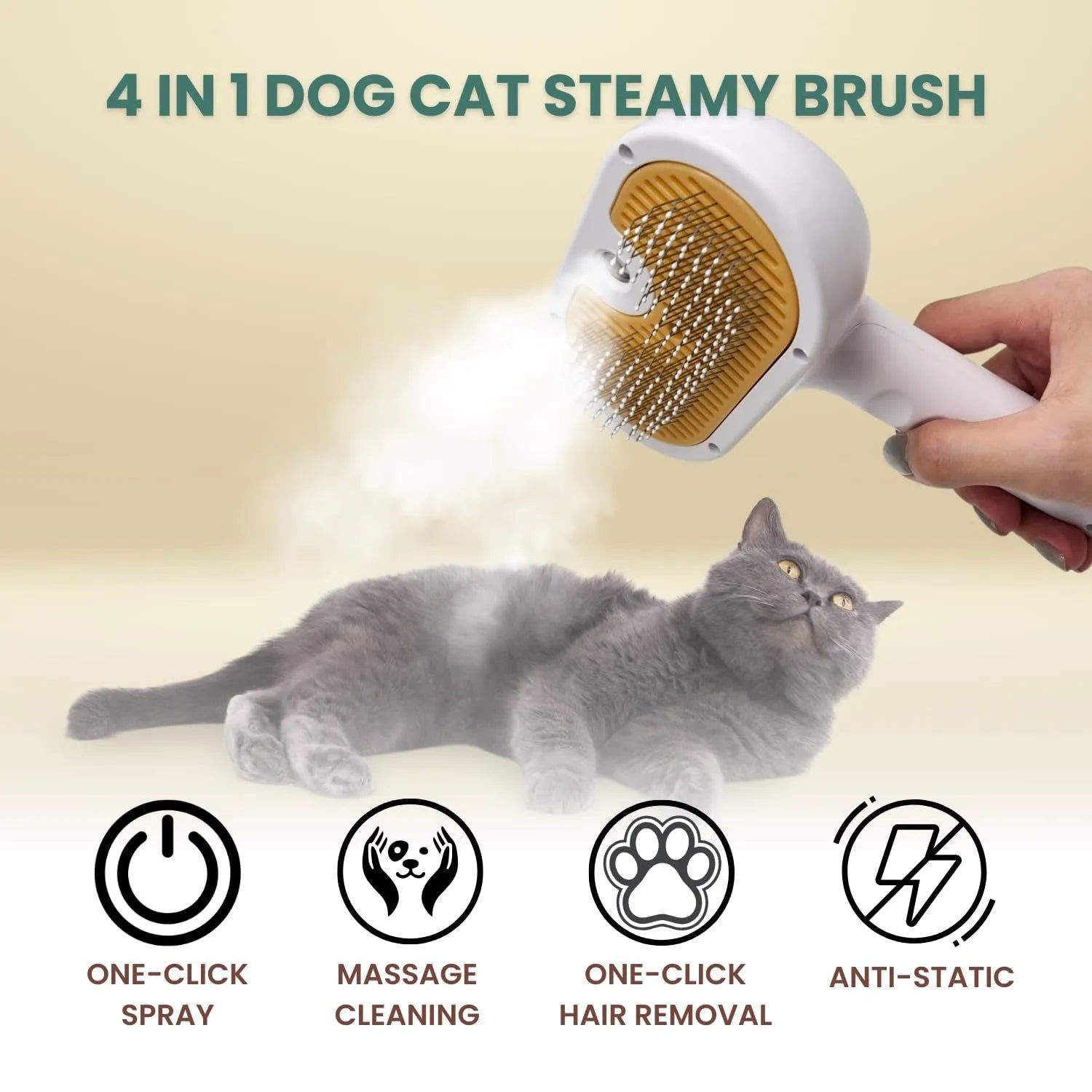 White pet grooming brush with steel teeth and built-in water tank for steam mist function