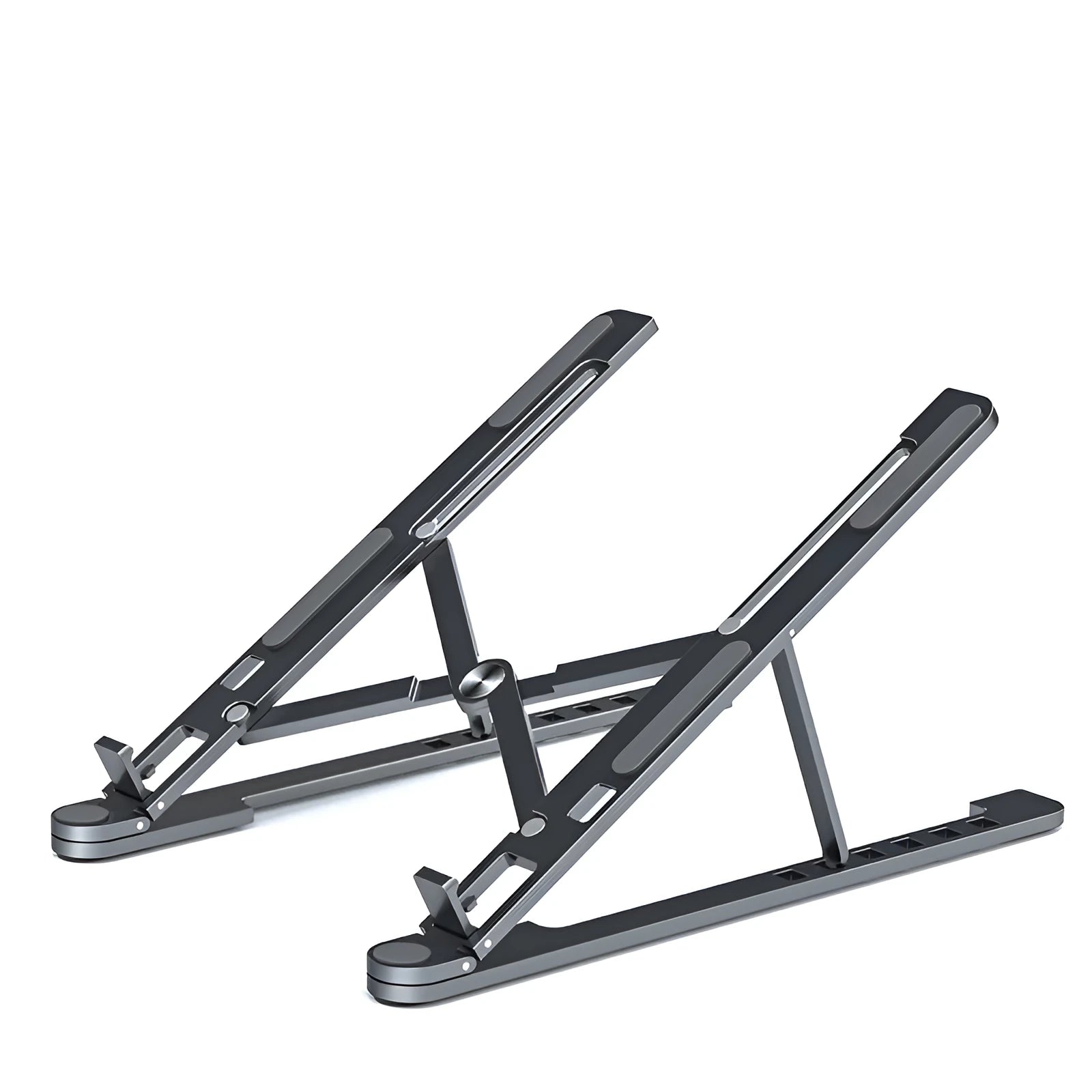 Foldable aluminium laptop stand in silver, shown supporting a laptop at an angle.