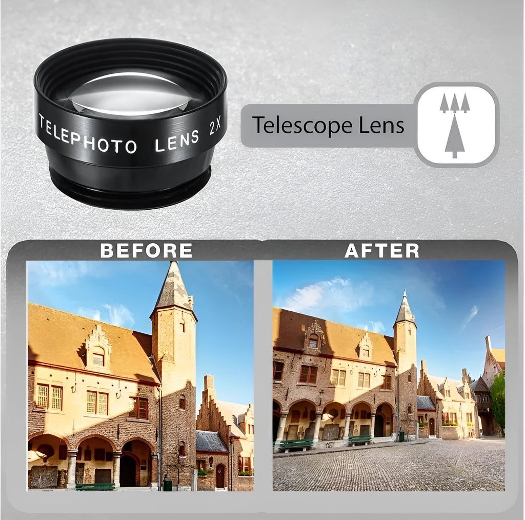 Black universal 5-in-1 clip-on smartphone lens kit showing wide angle, macro, fisheye, telephoto, and CPL lenses with storage bag.