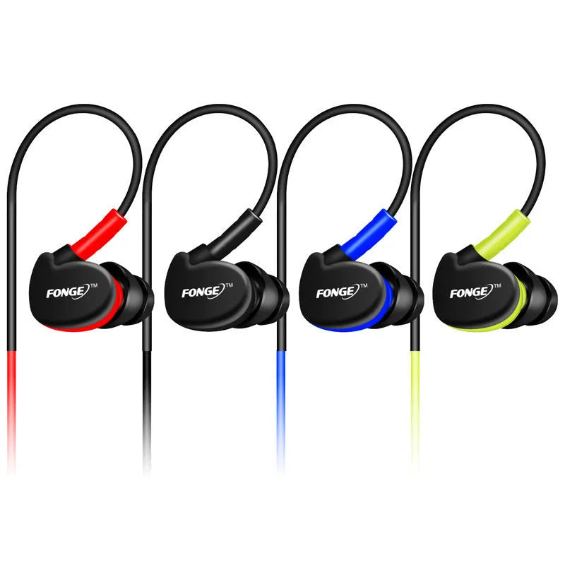 Ear-hook wired sports headset with inline microphone on 1.2m cable in red, green, blue, black colours