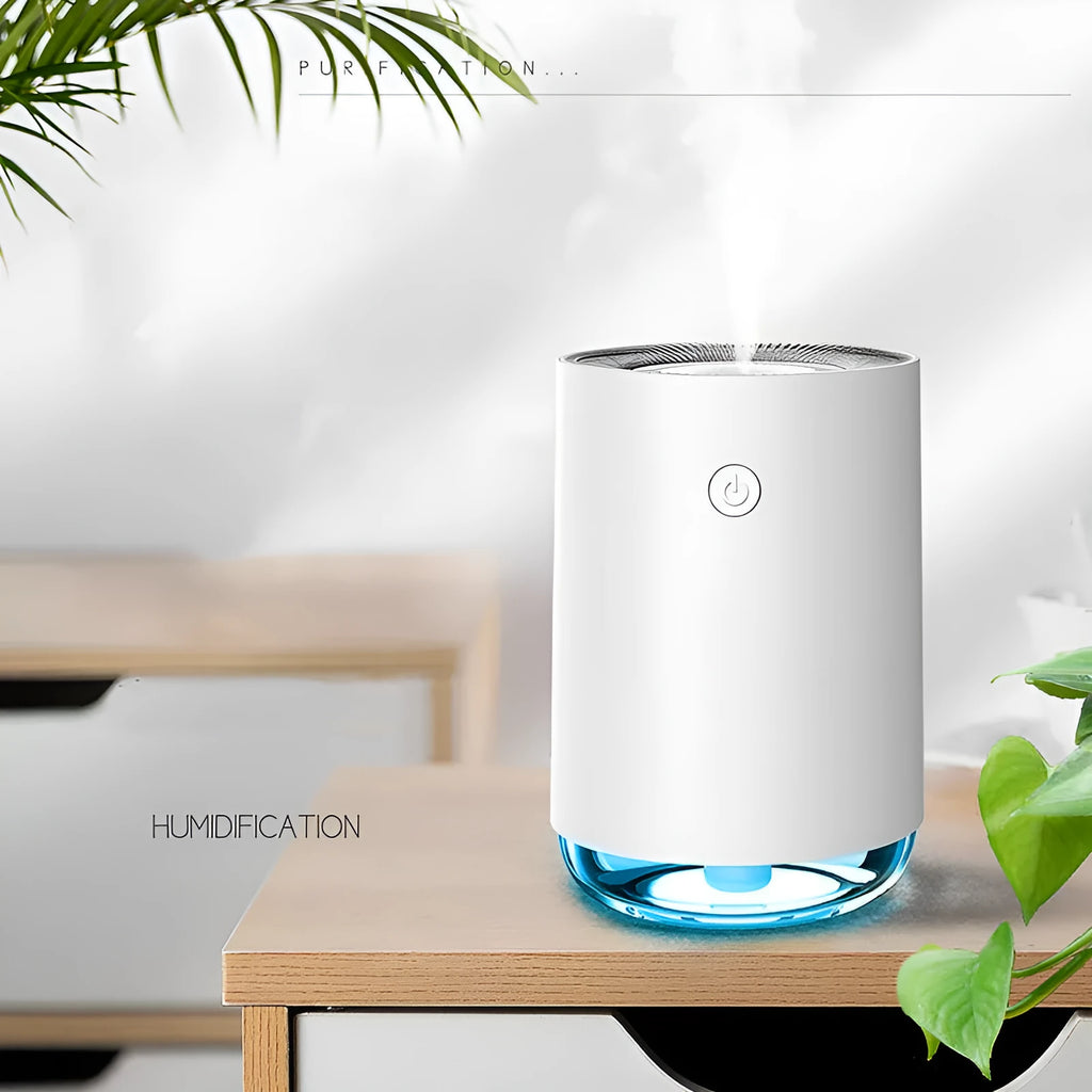 Night light humidifier diffuser in white showing mist output and ambient lighting