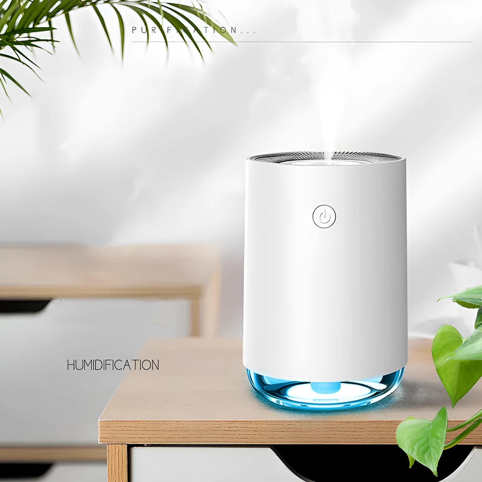 Night light humidifier diffuser in white showing mist output and ambient lighting